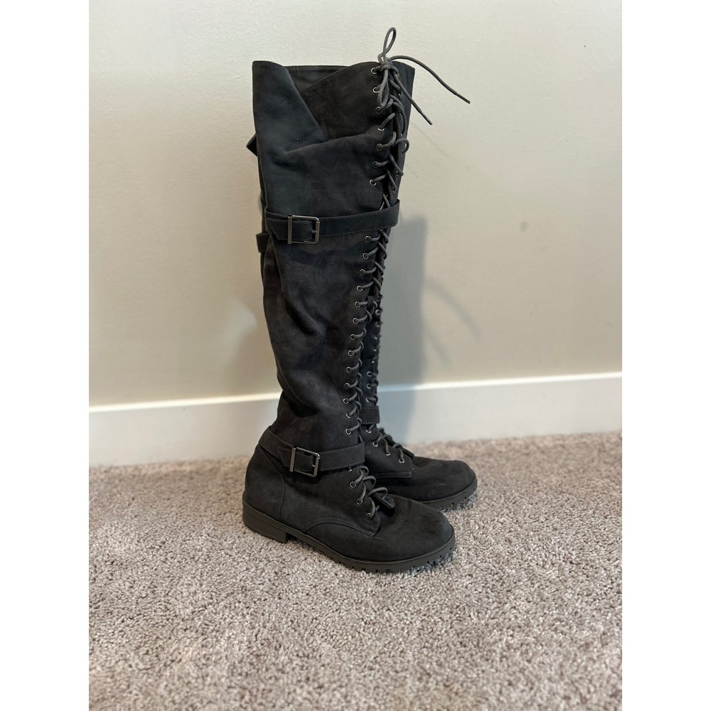 Gray/Black Faux Suede Over The Knee Lace Up Combat Boots Strap Woman's #2222